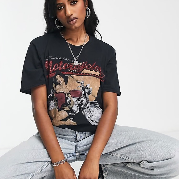 ASOS Tops - ASOS DESIGN Graphic Oversized T-Shirt‎ Motorcycle Hot Fix in Washed Black